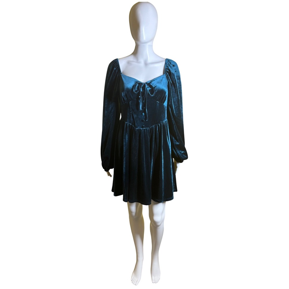 Preloved Blu Pepper Teal Velvet Corset Mini Dress Long Balloon Sleeve Size Large